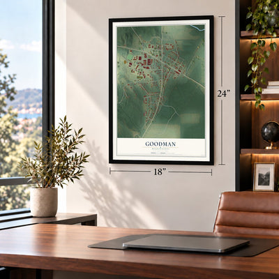 Goodman, Mississippi map, 18 x 24 inch print in a black frame in a home office