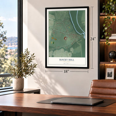 Rocky Hill, New Jersey map, 18 x 24 inch print in a black frame in a home office