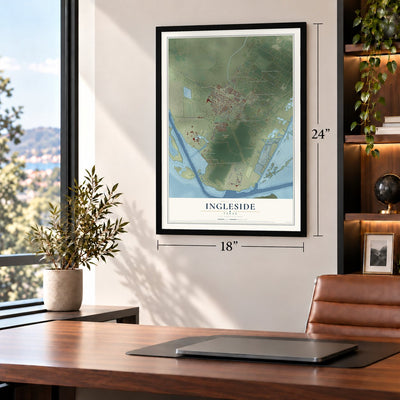 Ingleside, Texas map, 18 x 24 inch print in a black frame in a home office