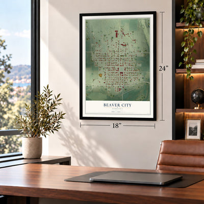 Beaver City, Nebraska map, 18 x 24 inch print in a black frame in a home office