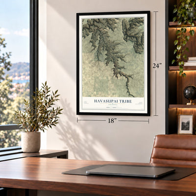 Havasupai Tribe, Arizona map, 18 x 24 inch print in a black frame in a home office