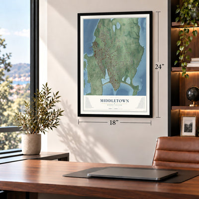 Middletown, Rhode Island map, 18 x 24 inch print in a black frame in a home office