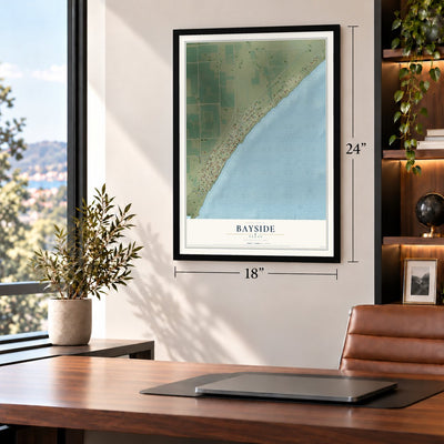 Bayside, Texas map, 18 x 24 inch print in a black frame in a home office