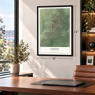 Cheney, Washington map, 18 x 24 inch print in a black frame in a home office