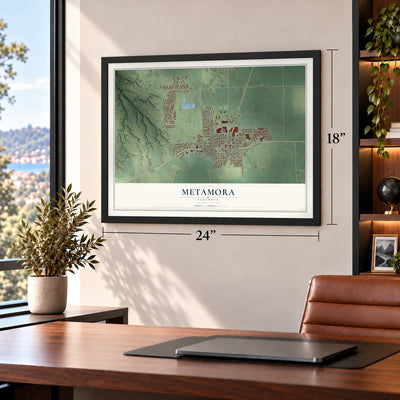 Metamora, Illinois map, 18 x 24 inch print in a black frame in a home office