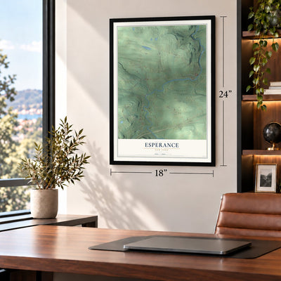 Esperance, New York map, 18 x 24 inch print in a black frame in a home office