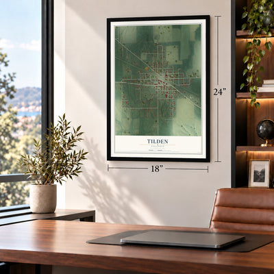 Tilden, Illinois map, 18 x 24 inch print in a black frame in a home office