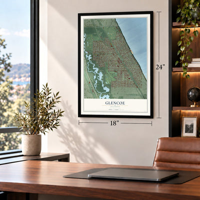 Glencoe, Illinois map, 18 x 24 inch print in a black frame in a home office