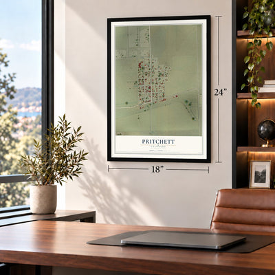 Pritchett, Colorado map, 18 x 24 inch print in a black frame in a home office