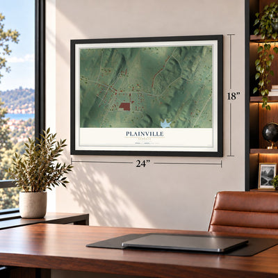 Plainville, Georgia map, 18 x 24 inch print in a black frame in a home office