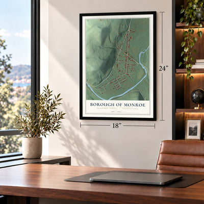 Borough of Monroe, Bradford County, Pennsylvania map, 18 x 24 inch print in a black frame in a home office