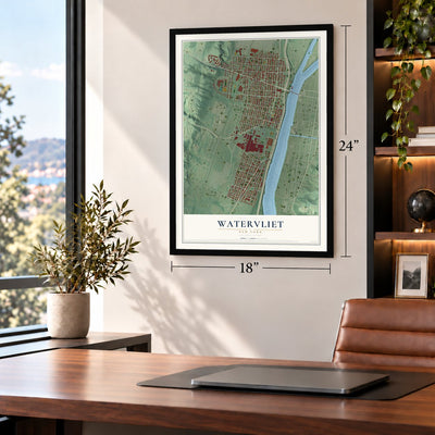 Watervliet, New York map, 18 x 24 inch print in a black frame in a home office