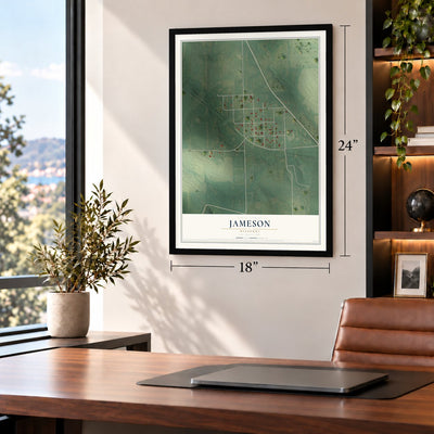 Jameson, Missouri map, 18 x 24 inch print in a black frame in a home office