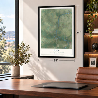 Rock, Rock County, Wisconsin map, 18 x 24 inch print in a black frame in a home office