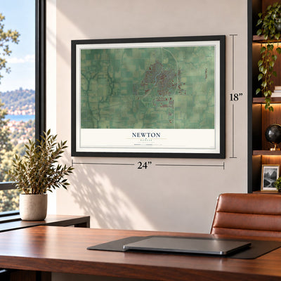 Newton, Kansas map, 18 x 24 inch print in a black frame in a home office