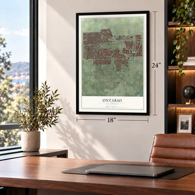 Ontario, California map, 18 x 24 inch print in a black frame in a home office