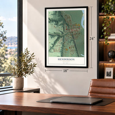 Henderson, Minnesota map, 18 x 24 inch print in a black frame in a home office