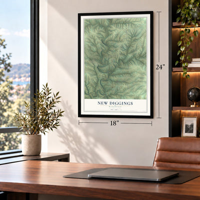 New Diggings, Wisconsin map, 18 x 24 inch print in a black frame in a home office