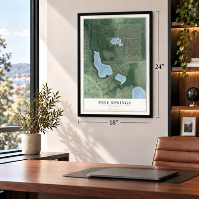 Pine Springs, Minnesota map, 18 x 24 inch print in a black frame in a home office