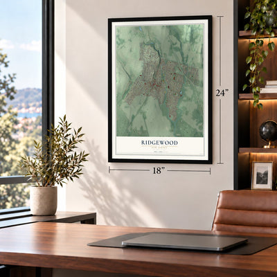 Ridgewood, New Jersey map, 18 x 24 inch print in a black frame in a home office