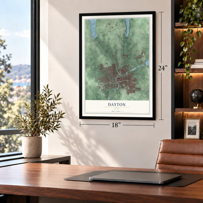 Dayton, Ohio map, 18 x 24 inch print in a black frame in a home office