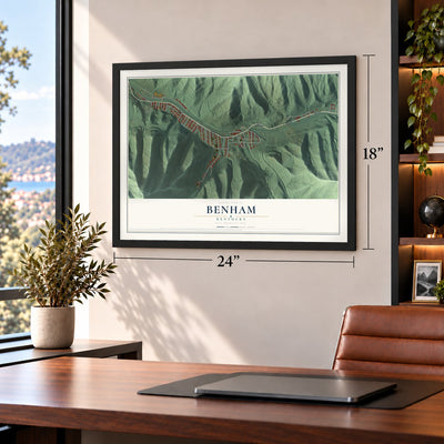 Benham, Kentucky map, 18 x 24 inch print in a black frame in a home office
