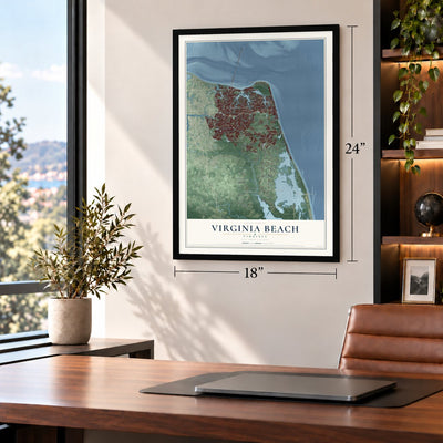 Virginia Beach, Virginia map, 18 x 24 inch print in a black frame in a home office