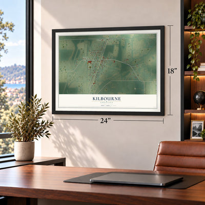 Kilbourne, Louisiana map, 18 x 24 inch print in a black frame in a home office