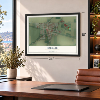 Holgate, Ohio map, 18 x 24 inch print in a black frame in a home office