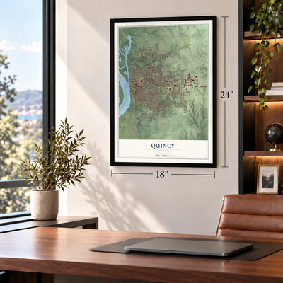 Quincy, Illinois map, 18 x 24 inch print in a black frame in a home office