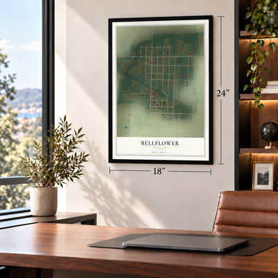 Bellflower, Missouri map, 18 x 24 inch print in a black frame in a home office