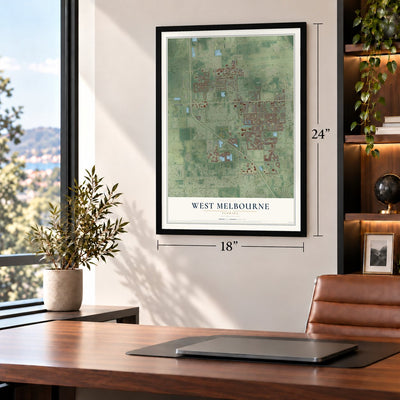 West Melbourne, Florida map, 18 x 24 inch print in a black frame in a home office