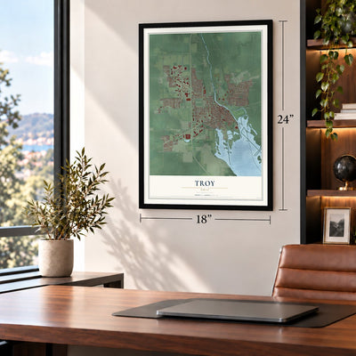 Troy, Ohio map, 18 x 24 inch print in a black frame in a home office