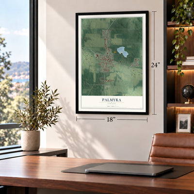 Palmyra, Indiana map, 18 x 24 inch print in a black frame in a home office