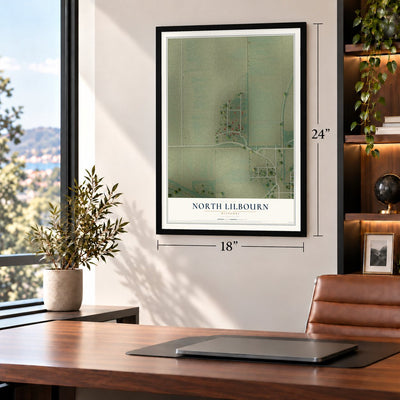 North Lilbourn, Missouri map, 18 x 24 inch print in a black frame in a home office