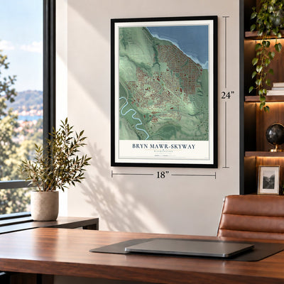 Bryn Mawr-Skyway, Washington map, 18 x 24 inch print in a black frame in a home office