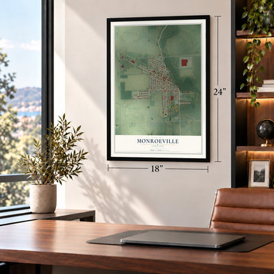 Monroeville, Indiana map, 18 x 24 inch print in a black frame in a home office