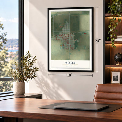 Wesley, Iowa map, 18 x 24 inch print in a black frame in a home office