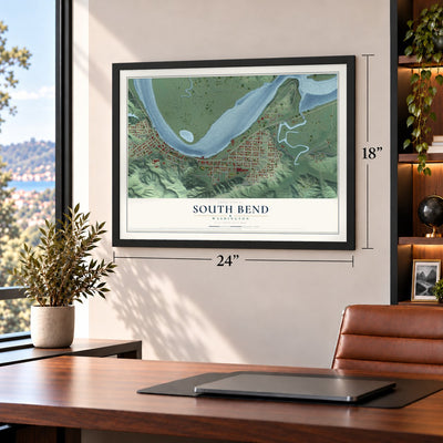 South Bend, Washington map, 18 x 24 inch print in a black frame in a home office