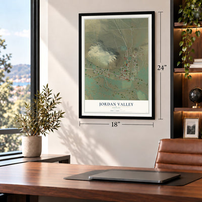 Jordan Valley, Oregon map, 18 x 24 inch print in a black frame in a home office