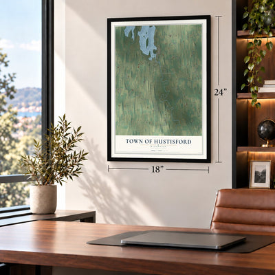 Town of Hustisford, Wisconsin map, 18 x 24 inch print in a black frame in a home office