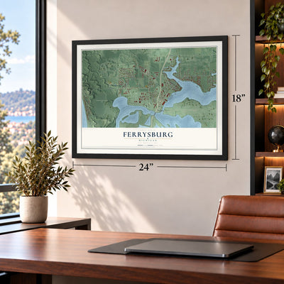 Ferrysburg, Michigan map, 18 x 24 inch print in a black frame in a home office