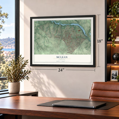 McLean, Virginia map, 18 x 24 inch print in a black frame in a home office