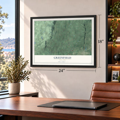 Greenfield, New York map, 18 x 24 inch print in a black frame in a home office