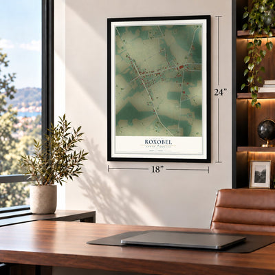 Roxobel, North Carolina map, 18 x 24 inch print in a black frame in a home office
