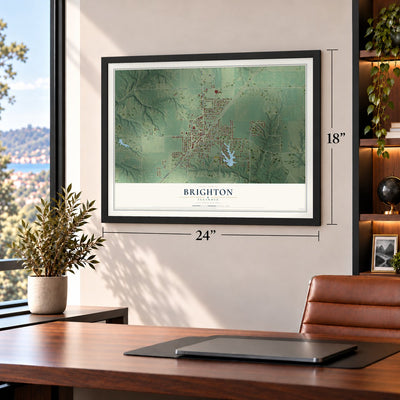 Brighton, Illinois map, 18 x 24 inch print in a black frame in a home office
