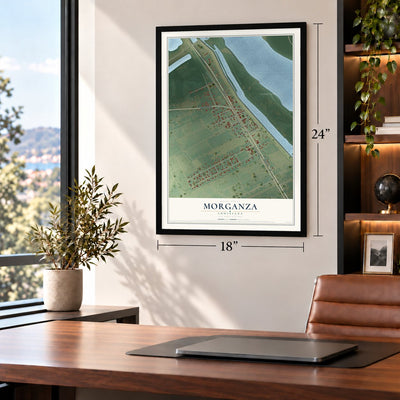 Morganza, Louisiana map, 18 x 24 inch print in a black frame in a home office