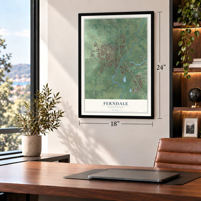 Ferndale, Washington map, 18 x 24 inch print in a black frame in a home office