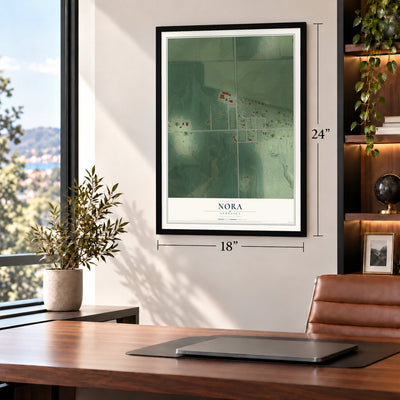 Nora, Nebraska map, 18 x 24 inch print in a black frame in a home office