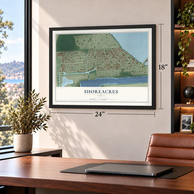 Shoreacres, Texas map, 18 x 24 inch print in a black frame in a home office